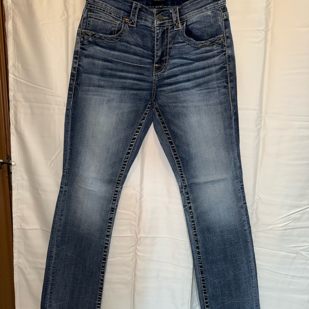 Buckle Blue Straight Leg Jeans with Distressed Finish